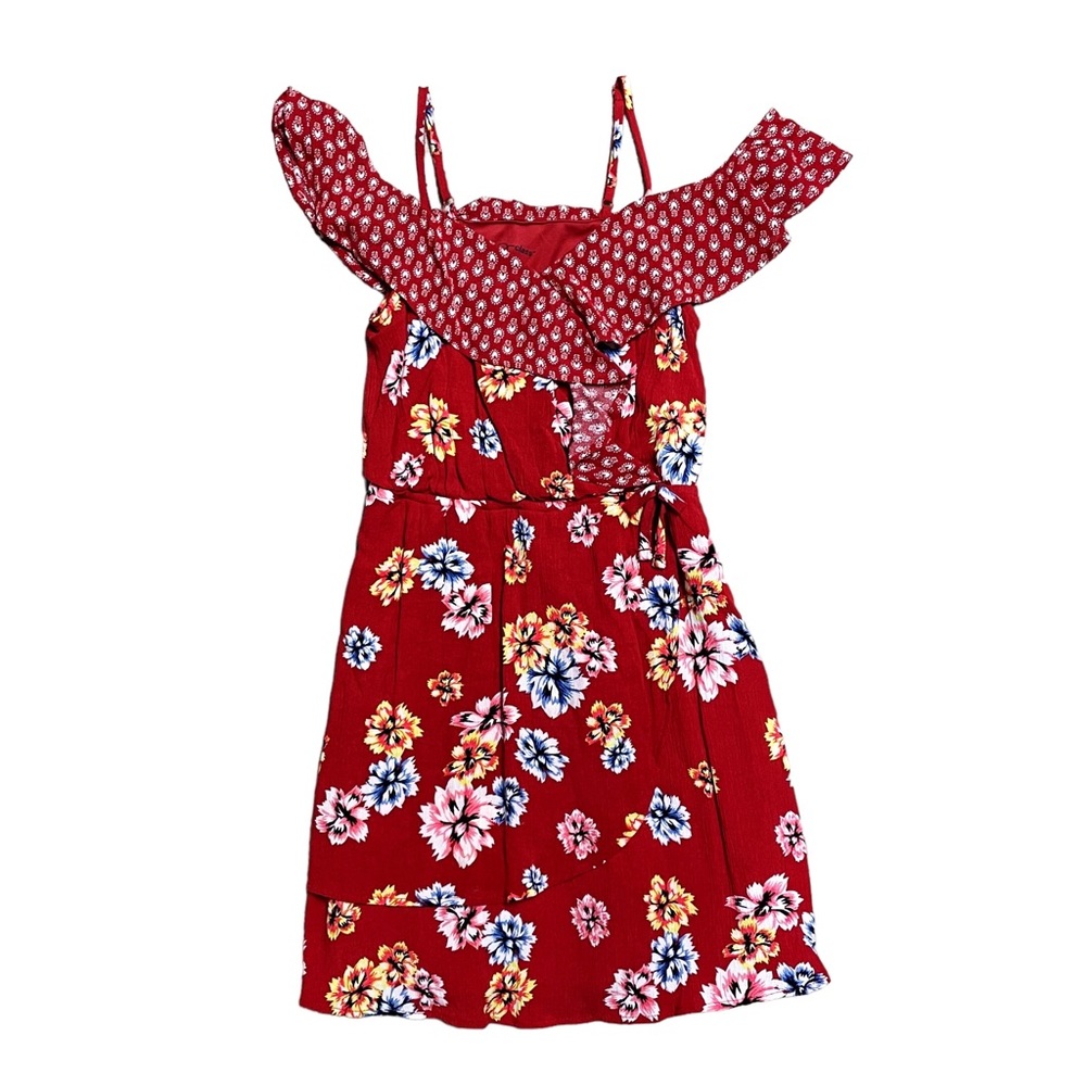 Art Class Rustic Red Floral Ruffle Wrap Dress (7/8)